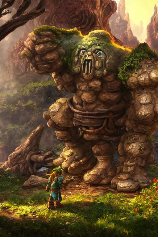 Image similar to zelda fantasy art giant golem troll wood rock greeble gemstone, global illumination ray tracing hdr fanart arstation by sung choi and eric pfeiffer and gabriel garza and casper konefal