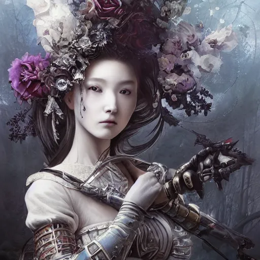 Prompt: A masterpiece ultrarealistic ultradetailed portrait of a Incredibly beautiful angel armored princess knight-witch-ghost with Samurai-Skull Iron mask. baroque renaissance girl in the night forest. medium shot, intricate, elegant, highly detailed. trending on artstation, digital art, by Stanley Artgerm Lau, WLOP, Rossdraws, James Jean, Andrei Riabovitchev, Marc Simonetti, Yoshitaka Amano. background by James Jean and Gustav Klimt, light by Julie Bell, 4k, porcelain skin.