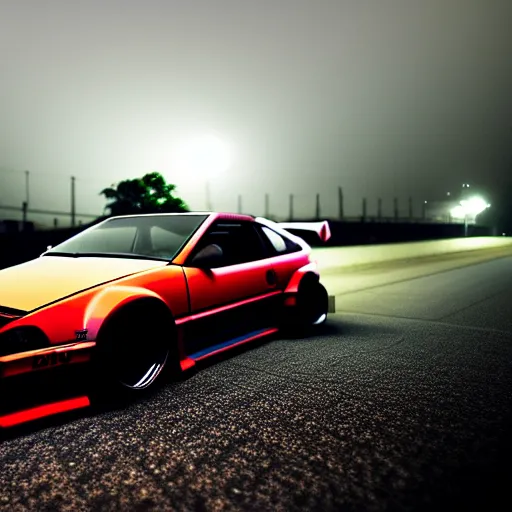 Image similar to a car 300ZX turbo drift at illegal car meet, Chiba prefecture, city midnight mist lights, cinematic color, photorealistic, highly detailed wheels