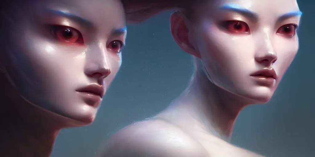 Prompt: the close up face portrait of a humanoid android looking to the camera terriefied, extremely detailed digital painting, in the style of fenghua zhong and ruan jia and jeremy lipking and peter mohrbacher, mystical colors, rim light, beautiful lighting, 8 k, stunning scene, raytracing, octane, trending on artstation