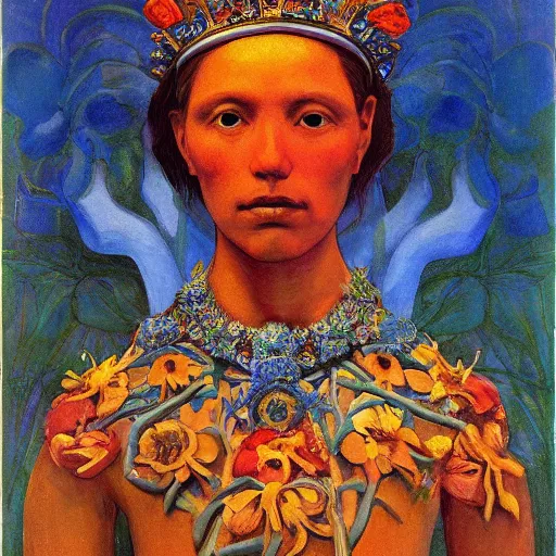 Image similar to the crown of flowers and bones, by Annie Swynnerton and Nicholas Roerich and Diego Rivera, bioluminescent skin, elaborate costume, geometric ornament, symbolist, cool colors, smooth, sharp focus, extremely detailed