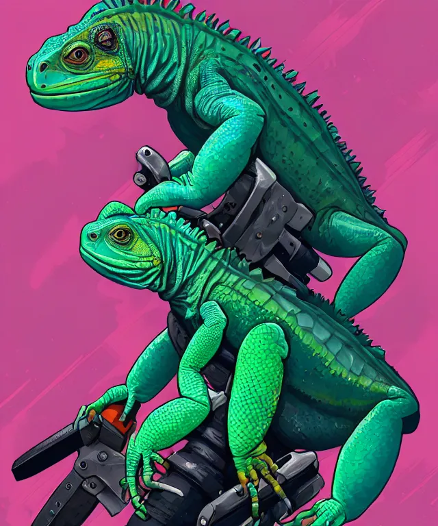 Image similar to a portrait of an anthropomorphic iguana holding a chainsaw, cyberpunk!, fantasy, elegant, digital painting, artstation, concept art, matte, sharp focus, illustration, art by josan gonzalez