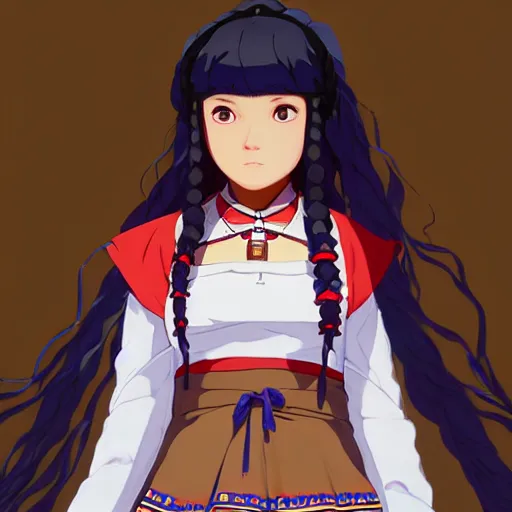 Prompt: a beautiful! plus sized native women instagram model, wearing catholic school girl outfit with mayan pattern and native style, jrpg aztec street fashion, gapmoe yandere grimdark, trending on pixiv fanbox, painted by greg rutkowski makoto shinkai takashi takeuchi studio ghibli, akihiko yoshida