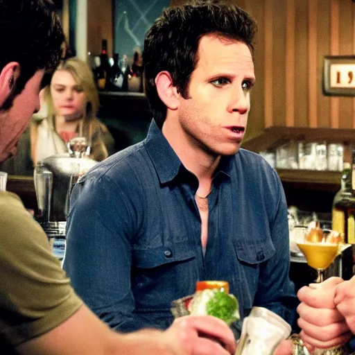 Prompt: <tv still from='iasip'>Dennis Reynolds at the bar with the gang</tv>