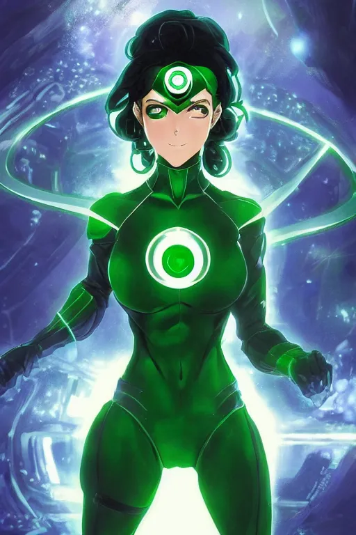 Image similar to anime key visual of a beautiful young female green lantern!! intricate, green and black suit, glowing, powers, dc comics, cinematic, stunning, highly detailed, digital painting, artstation, smooth, hard focus, illustration, art by artgerm and greg rutkowski and alphonse mucha