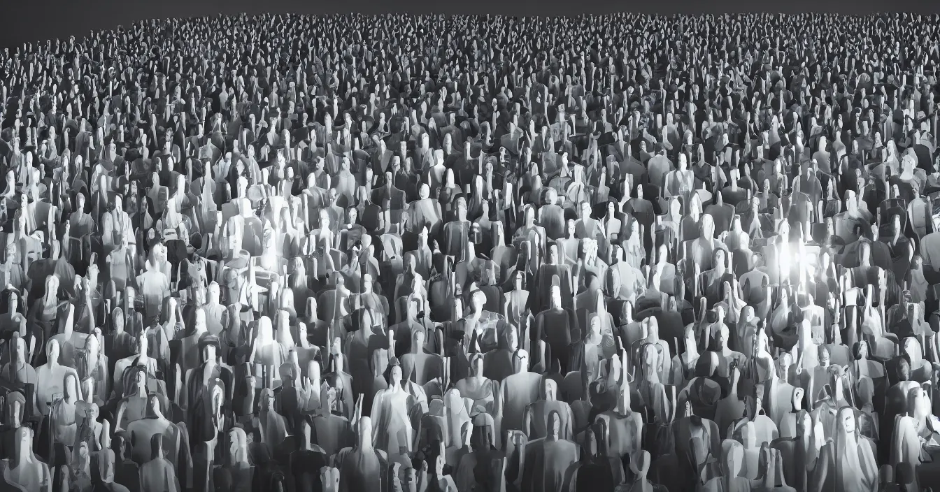 Image similar to Human egos are trapped in the illusion of physical reality, sitting in a movie theater, watching the light of consciousness project their lives onto a giant screen, realistic image full of sense of spirituality, life meaning, meaining of physical reality, happy atmosphere, render in Vray