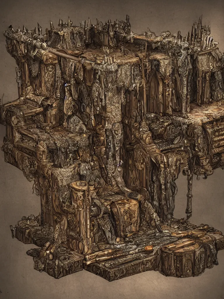 Image similar to throne made of rifles, shotguns, revolvers and bullets in a medieval castle, ultrarealistic, intricate details, 4k, concept art, dark fantasy