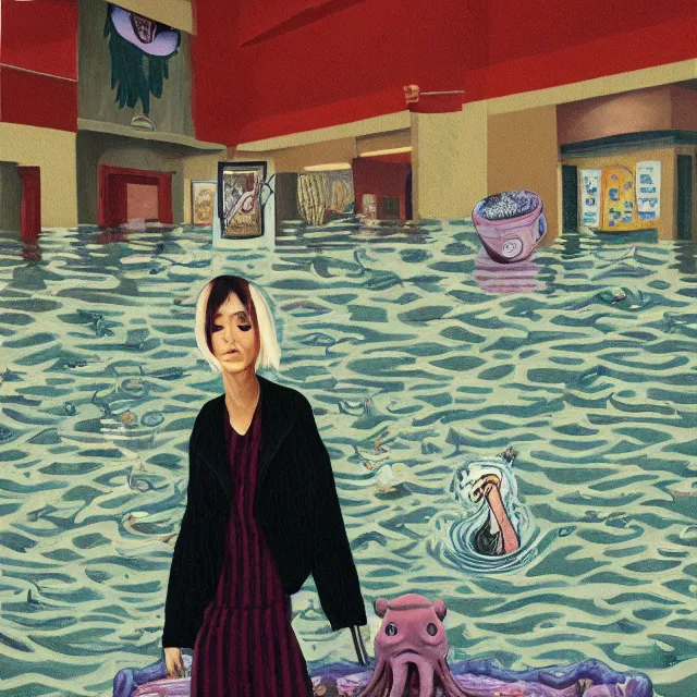 Image similar to tall female emo artist holding an octopus in a flooded starbucks, bagels, pigs, water gushing from ceiling, painting of flood waters inside a cafe, a river flooding indoors, pomegranates, pigs, ikebana, water, octopus, river, rapids, waterfall, black swans, zen, canoe, berries, acrylic on canvas, surrealist, by magritte and monet