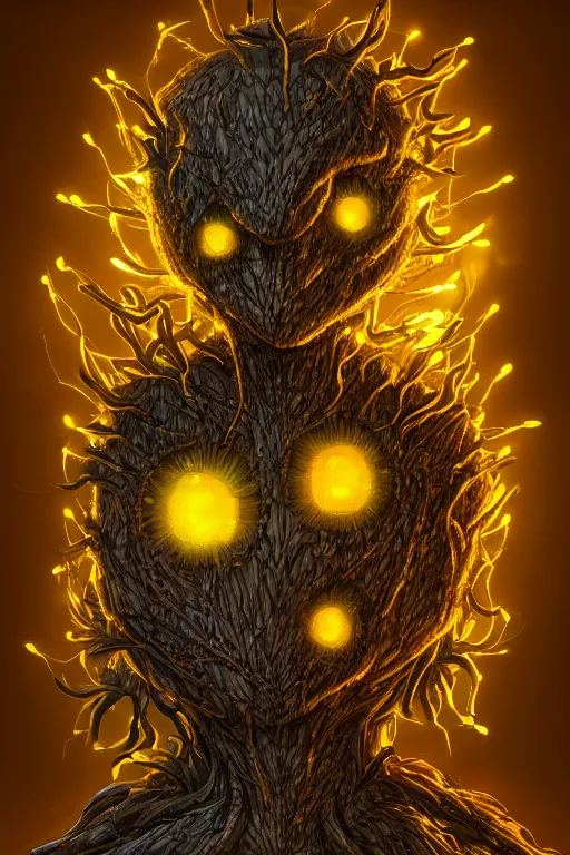 Image similar to a humanoid figure dandelion plant monster, amber eyes, highly detailed, digital art, sharp focus, ambient glow, trending on art station, anime art style