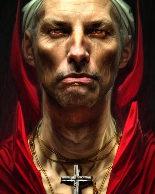 Prompt: realistic portrait of a nasty bishop, cross, evil, heroic pose, beautiful face, bible, full body, dramatic lighting, intricate, wild, highly detailed, digital painting, artstation, concept art, smooth, sharp focus, illustration, art by artgerm and greg rutkowski and alphonse mucha, footage from space camera