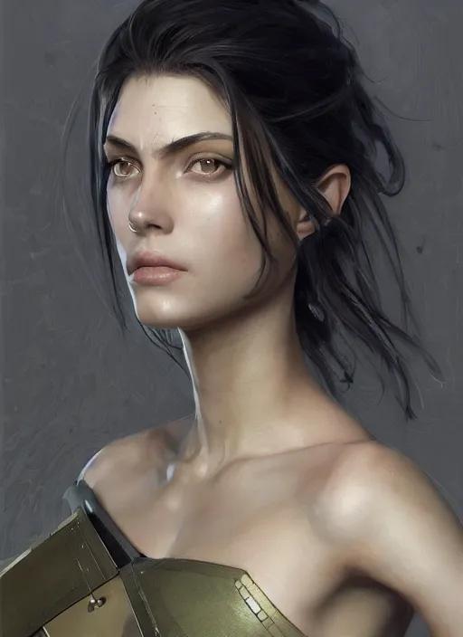 Image similar to a professional painting of a beautiful young female, clothed in military armor, olive skin, long dark hair, beautiful bone structure, symmetrical facial features, intricate, elegant, digital painting, concept art, smooth, sharp focus, illustration, from Metal Gear, by Ruan Jia and Mandy Jurgens and Artgerm and William-Adolphe Bouguerea