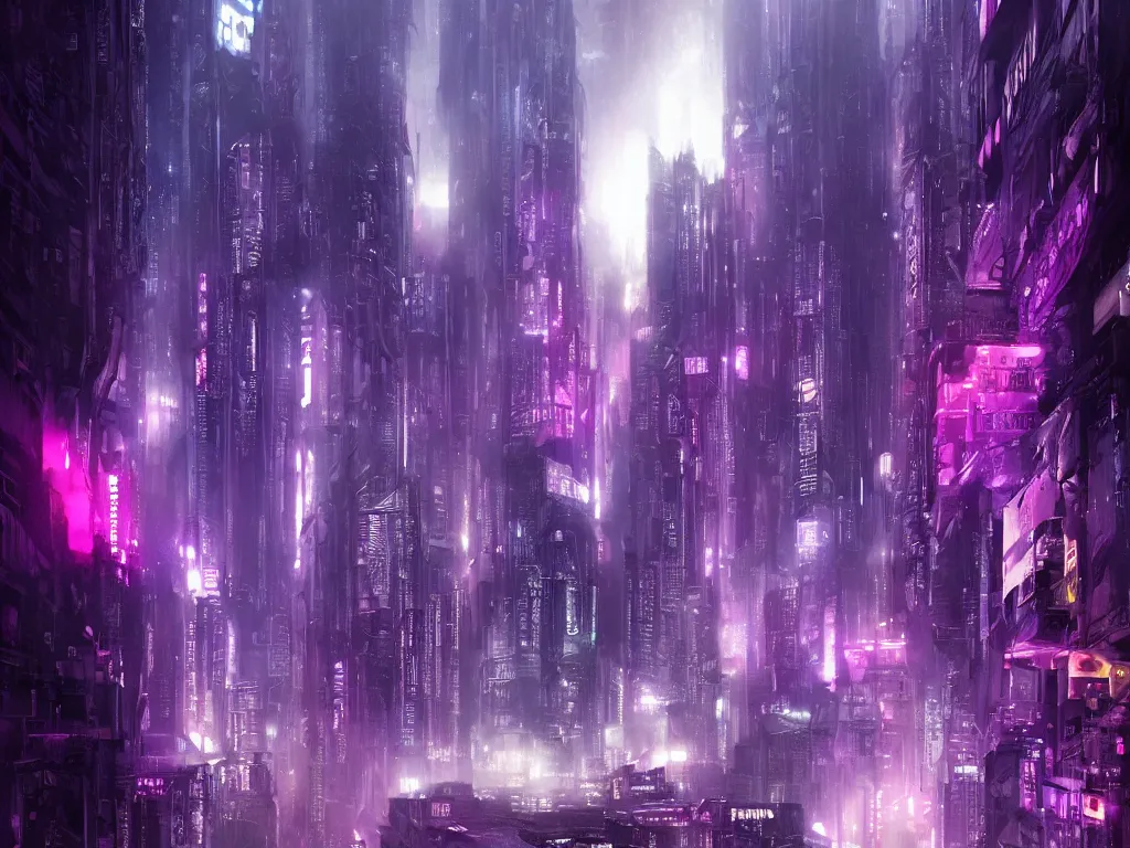 Image similar to blade runner city, high quality, cyberpunk, purple