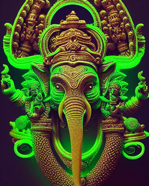 Image similar to 3 d ornate carved ganesha with profile portrait, sigma 5 0 0 mm f / 5. beautiful intricate highly detailed quetzalcoatl skull. neon green glow bioluminescent, plasma, lava, ice, creature, thunderstorm! artwork by tooth wu and wlop and beeple and greg rutkowski, 8 k trending on artstation