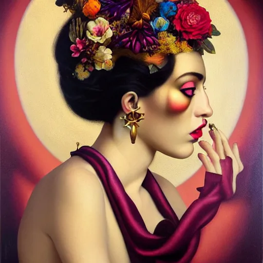 Image similar to dynamic composition, a painting of a woman with hair of flowers and raven plummage wearing ornate earrings, a surrealist painting by tom bagshaw and jacek yerga and tamara de lempicka and jesse king, featured on cgsociety, pop surrealism, surrealist, dramatic lighting, wiccan, pre - raphaelite, ornate gilded details