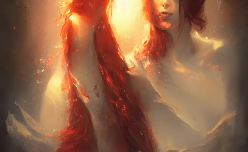 Prompt: a painting of jasmine trending on artstation in the style of greg rutkowski, beautiful, sensual, flower, portrait, adorable, alter, hell, fire hair