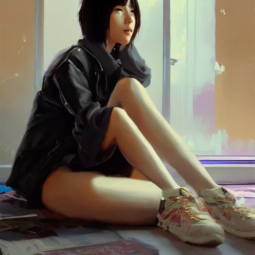 Image similar to A ultradetailed beautiful panting of a stylish girl sitting on the floor of a messy apartment, she is wearing an oversized jacket, Oil painting, by Ilya Kuvshinov, Greg Rutkowski and Makoto Shinkai