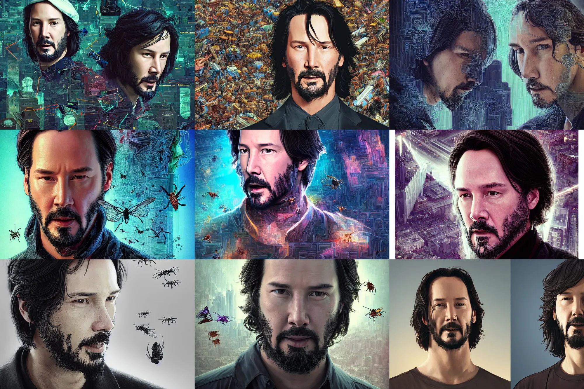 Prompt: portrait isometric drawing, printerest, insects around keanu reeves, intricate, epic lighting, cinematic composition, hyper realistic, 8k resolution, unreal engine 5, by Artgerm, tooth wu, dan mumford, beeple, wlop, rossdraws, James Jean, Andrei Riabovitchev, Marc Simonetti, yoshitaka Amano, Artstation