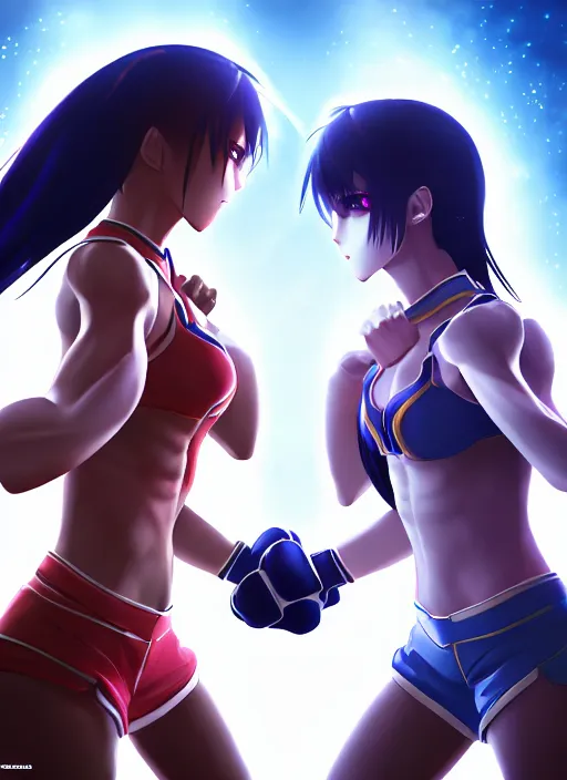 Image similar to two beautiful identical female fighters facing each other, dim lighting, gorgeous features, high resolution, detailed digital anime art