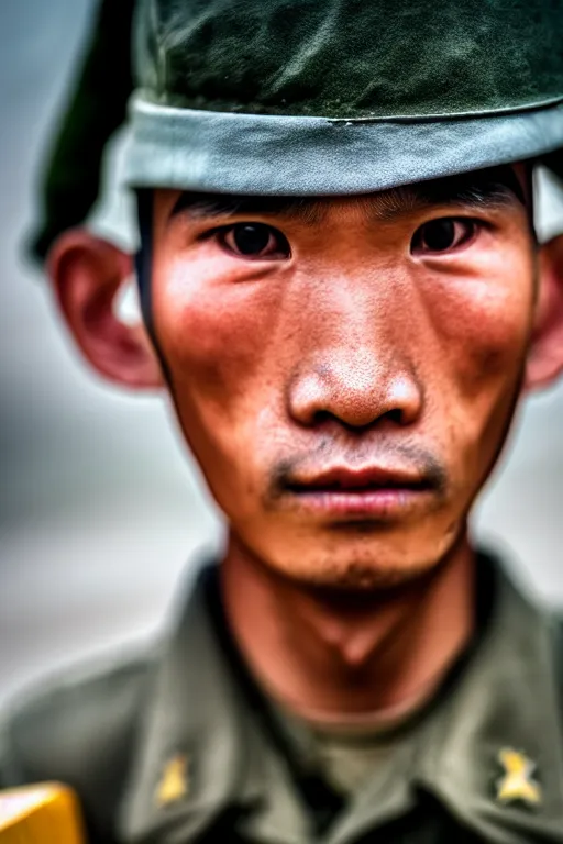Prompt: vietnam soldier with skateboard, pulitzer award, extreme close up, captured by nikon d 8 5 0, 4 k, body features, face features, bokeh, proportional, details, object features, by daniel berehulak and adnan abidi and preston gannaway