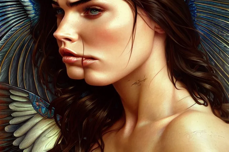 Image similar to portrait of megan fox as an angel, wings, intricate, headshot, highly detailed, digital painting, artstation, concept art, sharp focus, cinematic lighting, illustration, art by artgerm and greg rutkowski, alphonse mucha, cgsociety