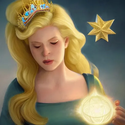 Image similar to princess rosalina from super mario as realistic blond human character, with star luma, art portrait, matte fantasy painting, deviantart artstation, by jason felix by steve argyle by tyler jacobson by peter mohrbacher, cinema c 9. 0