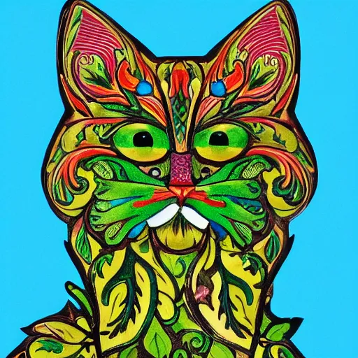 Image similar to colourful ornate decorative green man as a cat face by louis wain and william morris, closeup, twisting leaves, 8 k, artstation