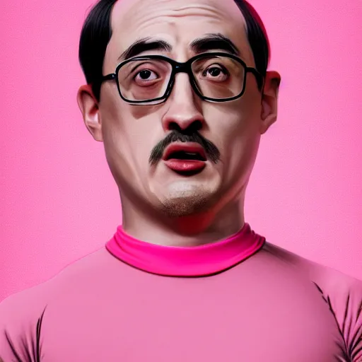 Image similar to A colored colorized real photograph of Filthy Frank as a middle aged guy in a pink morph suit, taken in the early 2020s, taken on a 2010s Camera, realistic, hyperrealistic, very realistic, very very realistic, highly detailed, very detailed, extremely detailed, detailed, digital art, trending on artstation, headshot and bodyshot, detailed face, very detailed face, very detailed face, real, real world, in real life, realism, HD Quality, 8k resolution, intricate details, colorized photograph, colorized photon, body and headshot, body and head in view