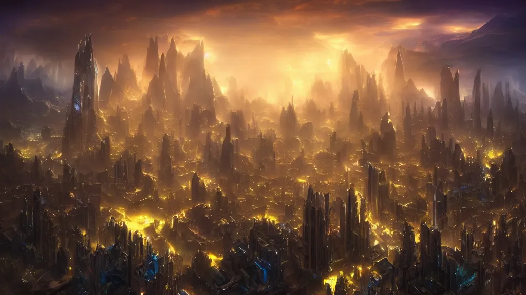 Prompt: incredible protoss city marc adamus, beautiful dramatic lighting