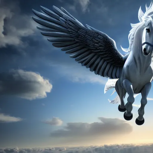 Image similar to pegasus over the clouds highly detailed, photorealistic portrait, bright studio setting, studio lighting, crisp quality and light reflections, unreal engine 5 quality render