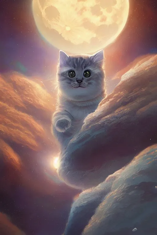 Image similar to Kawaii Cat on the moon with a view of the earth in the background, elegant, digital painting, highly detailed, artstation, concept art, smooth, sharp focus, illustration, art by artgerm and greg rutkowski.