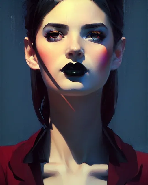 Image similar to stylized portrait by aykutmakut of an artistic pose, composition, young cute serious fancy lady with black paint in her face, cinematic moody colors, realistic shaded, fine details, realistic shaded lighting poster by ilya kuvshinov, magali villeneuve, artgerm, jeremy lipkin and michael garmash and rob rey