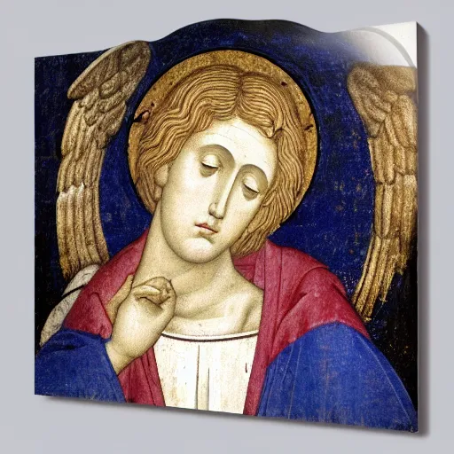 Image similar to realistic medieval painting portrait of white angel with clean narrow face like noface, 3 / 4, miracle light coming up from the head up and up, misty space, grace and blessing, by andrei rublev, renaissance, christianity, marble stone, glow effect, white background