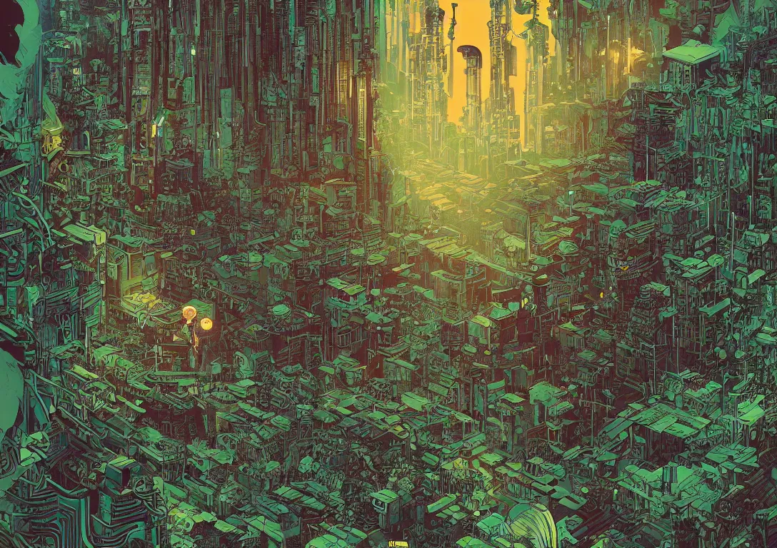 Image similar to Stunningly intricate illustration of single cyberpunk explorer overlooking lush forest, highly detailed, midnight, small glowing orbs by Victo Ngai and James Gilleard , Moebius, Laurie Greasley