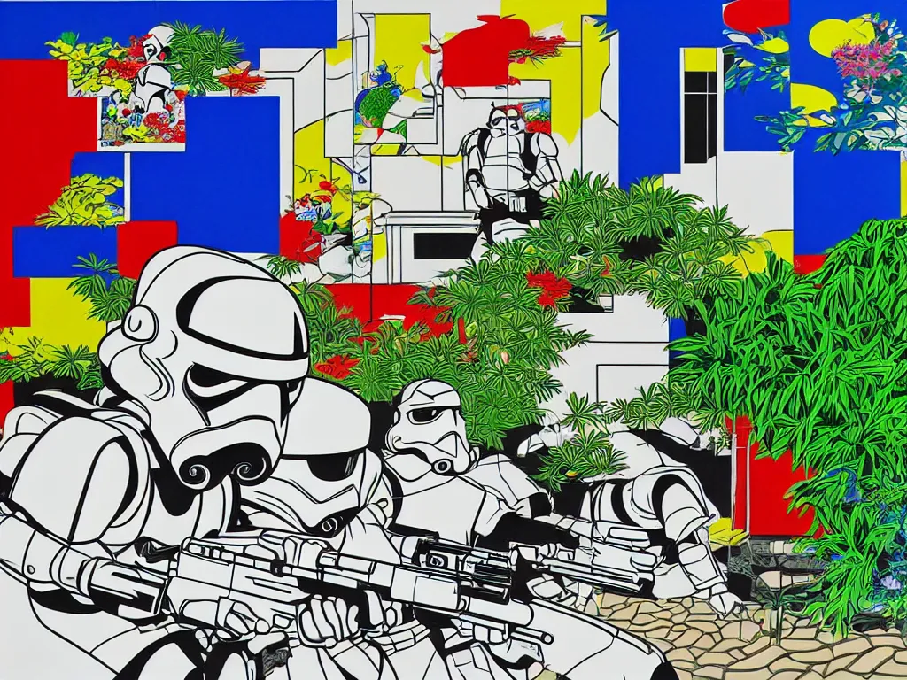 Prompt: hyperrealistic composition of the japanese home with a garden and a pond, 2 stormtroopers sitting around it, pop - art style, jacky tsai style, andy warhol style, roy lichtenstein style, rich palette, acrylic on canvas