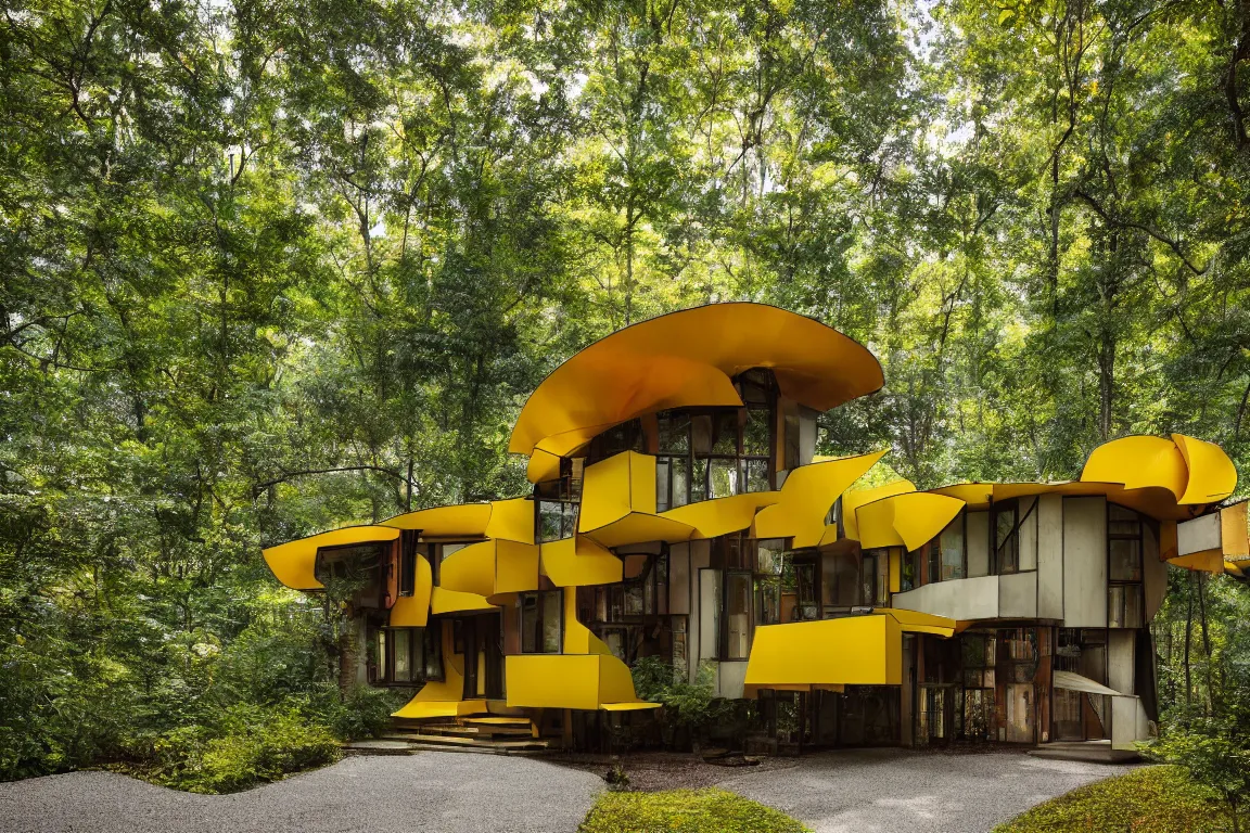 Image similar to a mid century modern house in a forest, designed by Frank Gehry. Tiles. Small gravel driveway . Film grain, cinematic, yellow hue