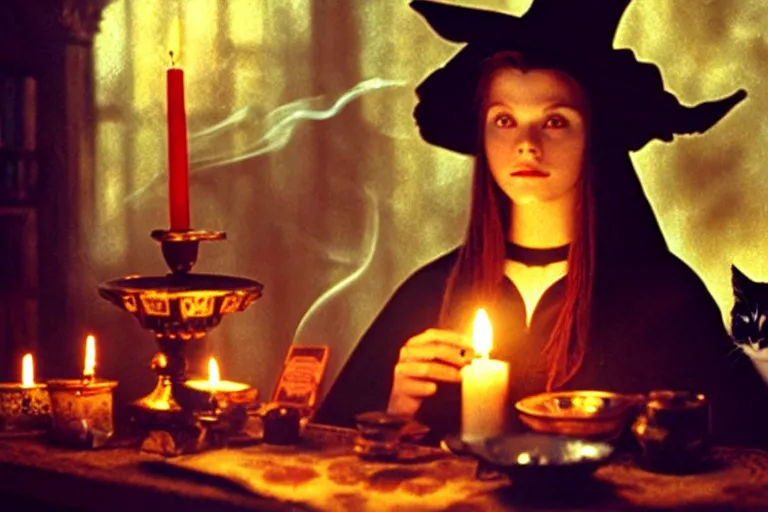 Image similar to 2 0 0 0's photo, close up portrait, dramatic lighting, concentration, calm confident teen witch and her cat, candles and tarot cards displayed on the table in front of her, incense smoke fills the air, a witch hat and cape, apothecary shelves in the background, still from harry potter, alphonse mucha