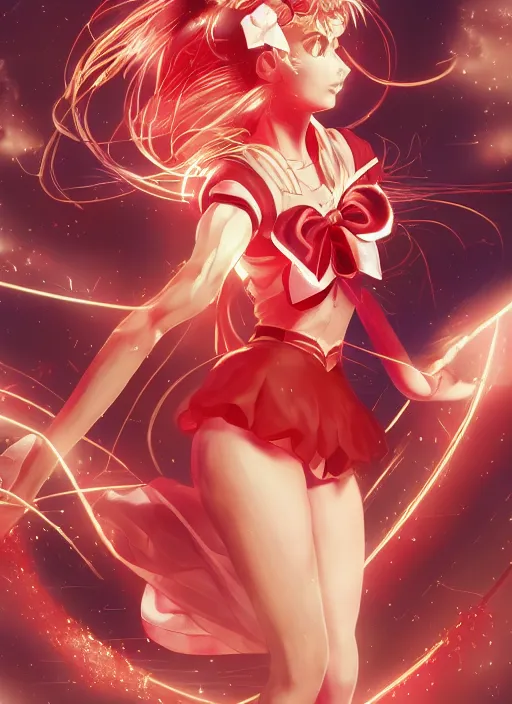 Image similar to sailor moon possing, fluent composition, red and white neon, concept art, ambient light, 4 k, intricate details, highly professionally detailed, cgsociety, highly detailed -