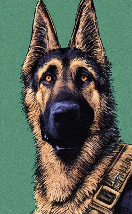 Prompt: close up character portrait icon of the german shepard military uniform head animal person fursona wearing clothes standing in the bright forest, hidari, color page, tankoban, 4 k, tone mapping, akihiko yoshida