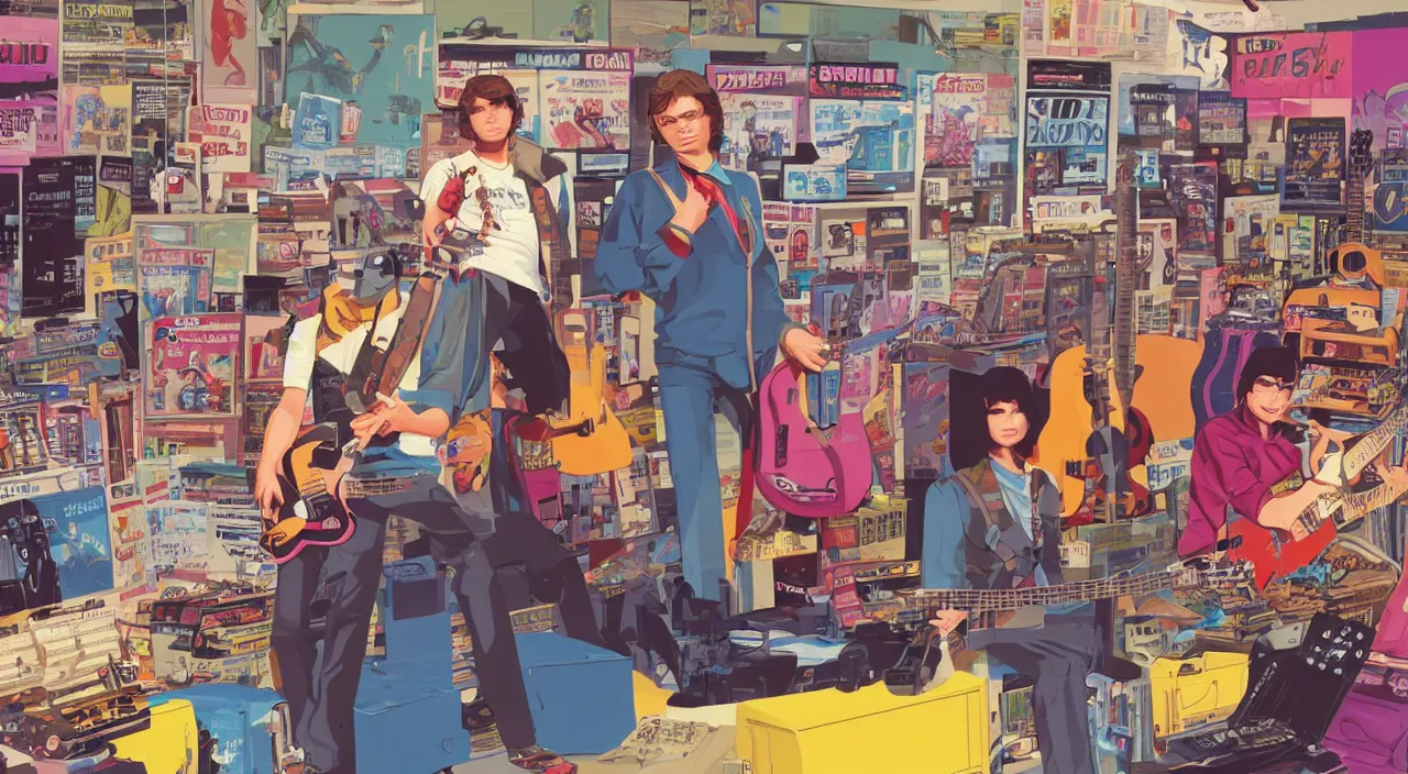 Image similar to GTA V illustration of 1980s nerdy teen on the cover of GTA V, in a 1980s music store