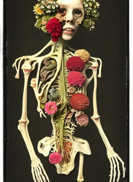 Prompt: beautiful and detailed rotten woman made of plants and many types of stylized flowers like carnation, chrysanthemum and tulips, anatomical, intricate, organs, ornate, surreal, john constable, guy denning, gustave courbet, caravaggio, romero ressendi 1 9 1 0 polaroid photo
