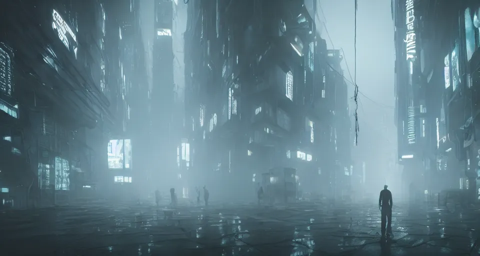 Image similar to illustration of rows of limp homunculus hanging in rows, rolling fog, cyberpunk, dystopian, dramatic lighting, unreal engine 5