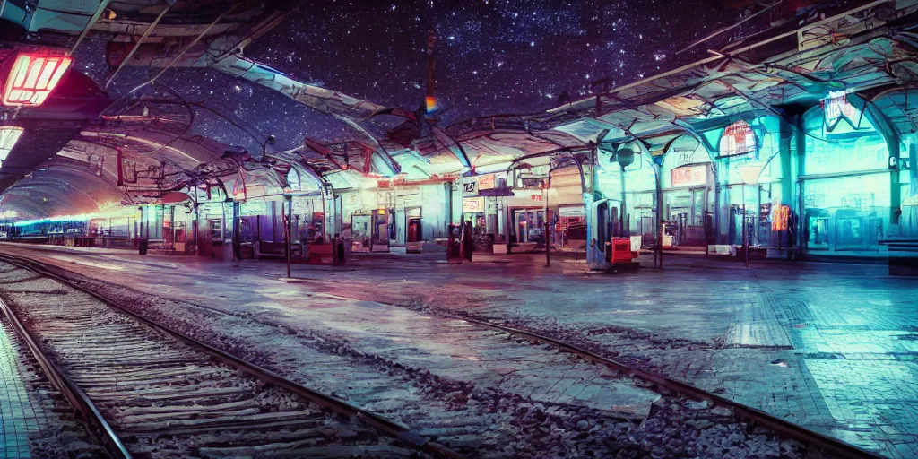 Image similar to train station in space, nostalgic atmosphere, photo, neon lights