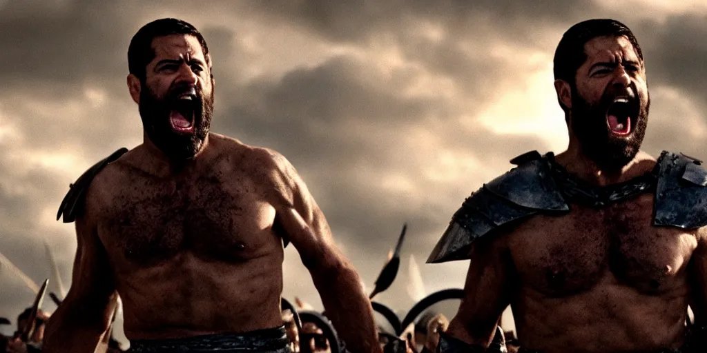 Image similar to cinematic film still of joe biden as leonidas shouting in 3 0 0 movie, 8 k, epic moody sky, dramatic lighting