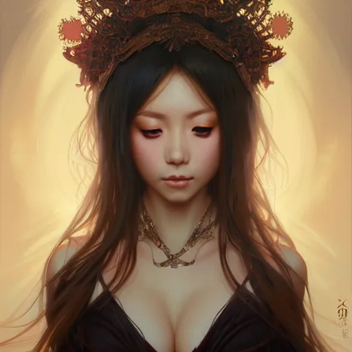 Image similar to Portrait of japanese gyaru, D&D, face, dark fantasy, intricate, elegant, highly detailed, digital painting, artstation, concept art, smooth, sharp focus, illustration, art by artgerm and greg rutkowski and alphonse mucha