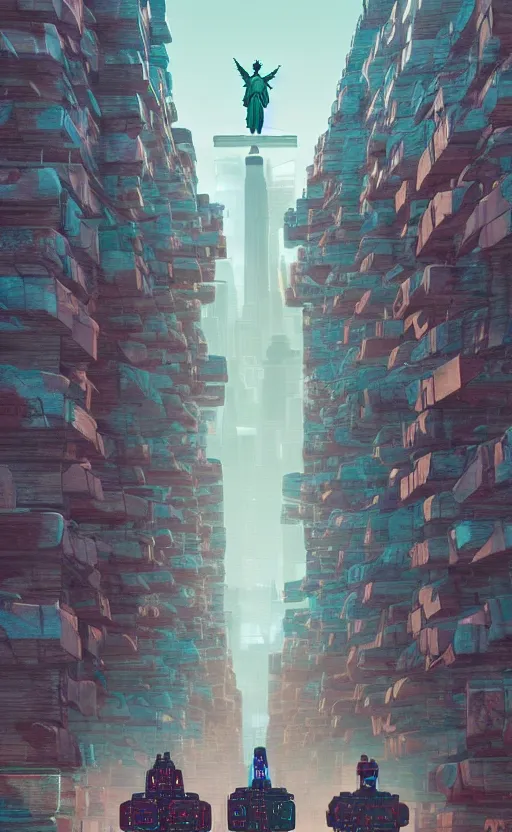 Prompt: a cyberpunk American Statue of Liberty Mount Rushmore in a alley with robots and humans walking around by marcel deneuve and beeple