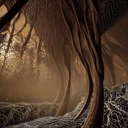 Prompt: biocomputer human organ inside a bio - neural network made like antique lace in a biomechanical cave forest, biocomputer epic environment, matte painting, diffused lighting, highly detailed cinematic, epic atmosphere, diffused lighting, highly detailed digital art, trending on artstation, depth of field, wide angle