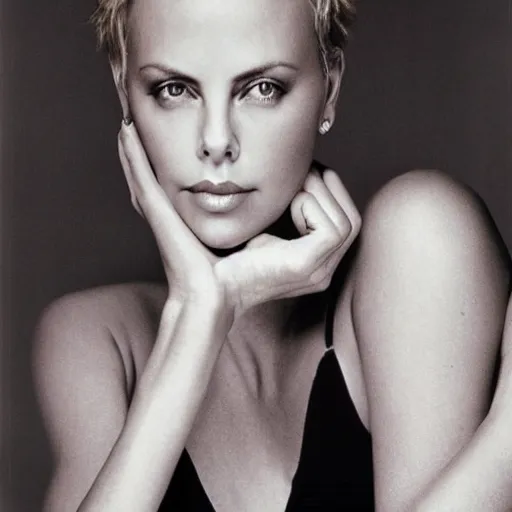 Image similar to photo of a young charlize theron by herb ritts, hd, beautiful, glamorous, award winning, 4 k