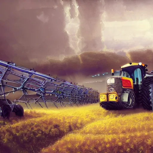 Prompt: agricultural machinery as a world leader, cyberpunk, machine revolution,, art by alex jay brady, matte painting, trending on artstation