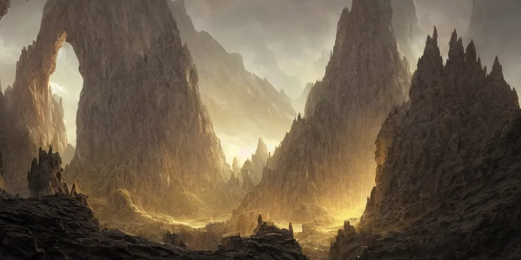 Image similar to a beautiful hyper realistic detailed matte painting of the entrance to a dungeon of the gods at the base of an ancient mountain, dramatic lighting, dynamic lighting, cinematic lighting, lit by morning light, by raphael lacoste and john howe and andreas rocha, unreal engine, featured on artstation, ultrawide angle, f 8, polarizer filter : 1 0