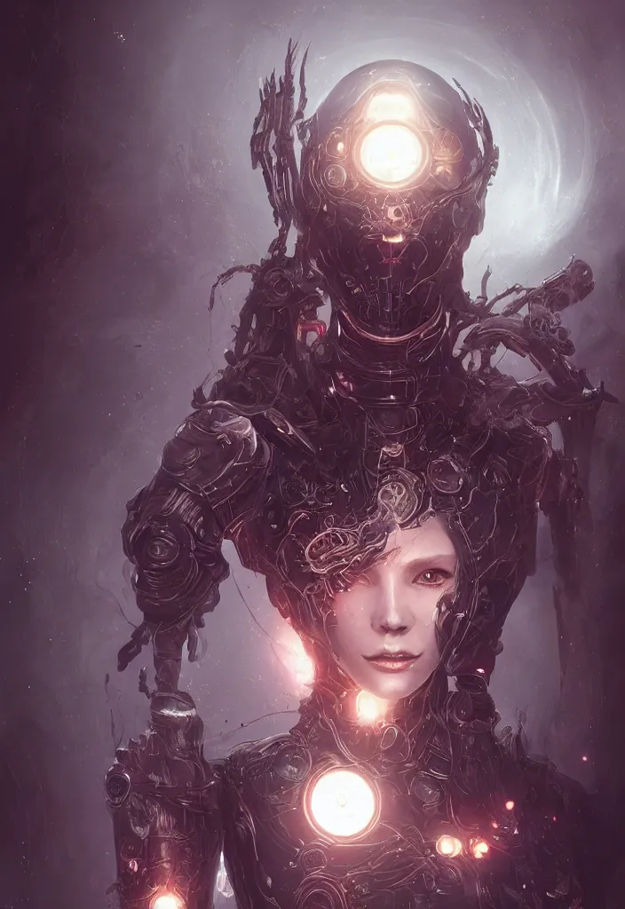 Image similar to a fancy portrait of a female android necromancer, aura of light, friendly, bloodborne style, artificial intelligence, scifi, futuristic, highly detailed, trending on artstation, advanced technology, art by vitaly bulgarov and nivanh chanthara and lance wilkinson